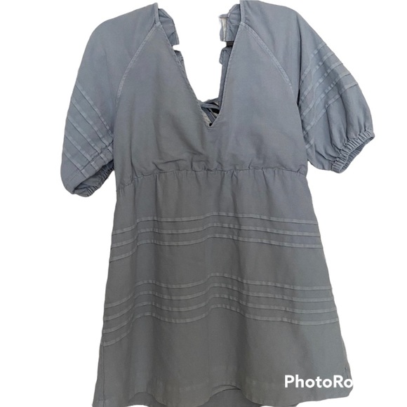 Madewell Blue Chambray Cotton Bow Tie Back Ruffle Short Sleeve Shift Dress Sz L - Picture 1 of 7